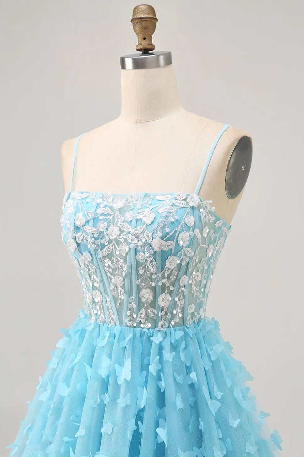 Blue A Line Appliques Espartilho Borboleta Vestido Curto Homecoming