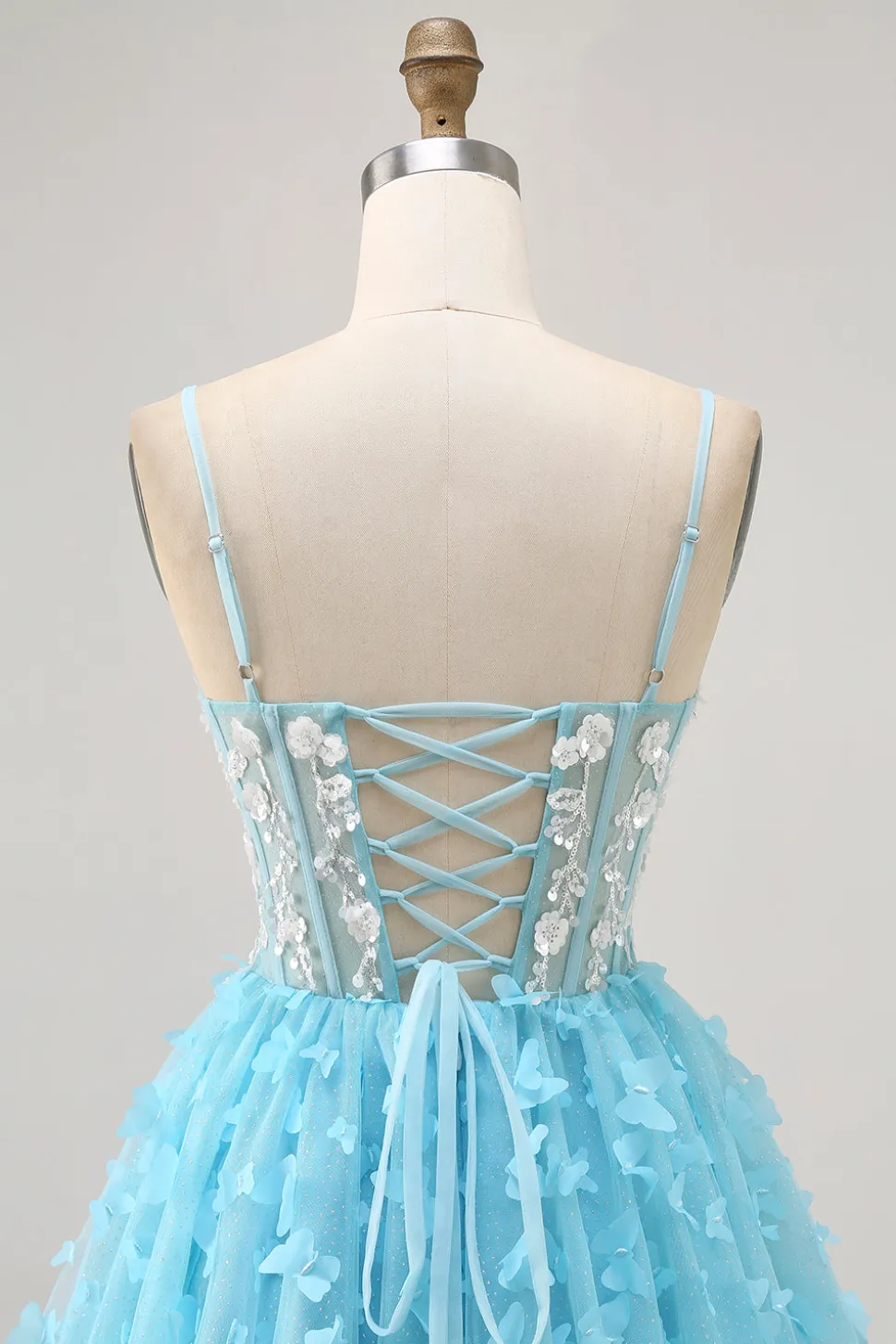 Blue A Line Appliques Espartilho Borboleta Vestido Curto Homecoming