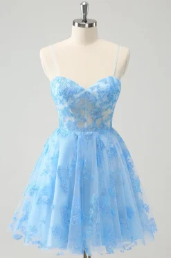 Blue A Line Espaghetti Correias Corset Glow In The Dark Homecoming Dresses