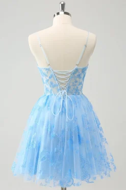 Blue A Line Espaghetti Correias Corset Glow In The Dark Homecoming Dresses