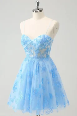 Blue A Line Espaghetti Correias Corset Glow In The Dark Homecoming Dresses