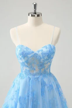 Blue A Line Espaghetti Correias Corset Glow In The Dark Homecoming Dresses