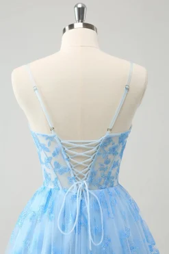 Blue A Line Espaghetti Correias Corset Glow In The Dark Homecoming Dresses