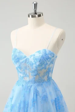 Blue A Line Espaghetti Correias Corset Glow In The Dark Homecoming Dresses