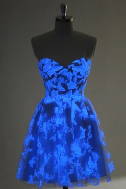 Blue A Line Espaghetti Correias Corset Glow In The Dark Homecoming Dresses