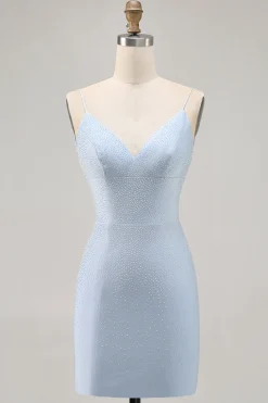 Blue Beaded Espaghetti Correias Bodycon Vestido Curto Homecoming