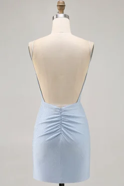 Blue Beaded Espaghetti Correias Bodycon Vestido Curto Homecoming