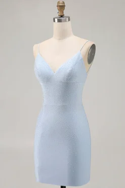 Blue Beaded Espaghetti Correias Bodycon Vestido Curto Homecoming