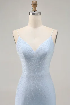 Blue Beaded Espaghetti Correias Bodycon Vestido Curto Homecoming