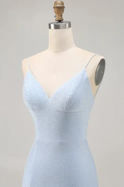 Blue Beaded Espaghetti Correias Bodycon Vestido Curto Homecoming