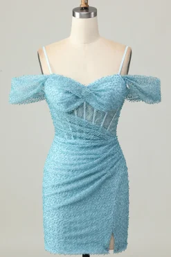 Blue Bodycon Cold Shoulder Corset Vestido Curto Homecoming com Fenda