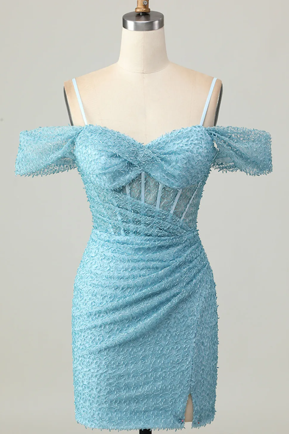Blue Bodycon Cold Shoulder Corset Vestido Curto Homecoming com Fenda