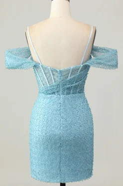 Blue Bodycon Cold Shoulder Corset Vestido Curto Homecoming com Fenda