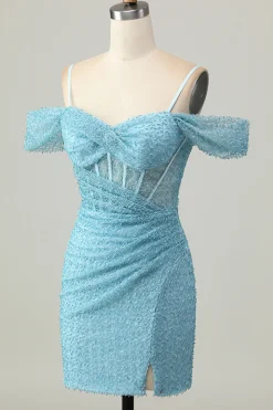 Blue Bodycon Cold Shoulder Corset Vestido Curto Homecoming com Fenda