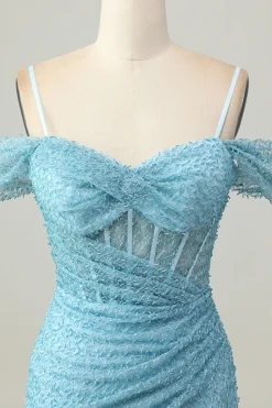 Blue Bodycon Cold Shoulder Corset Vestido Curto Homecoming com Fenda