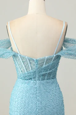 Blue Bodycon Cold Shoulder Corset Vestido Curto Homecoming com Fenda