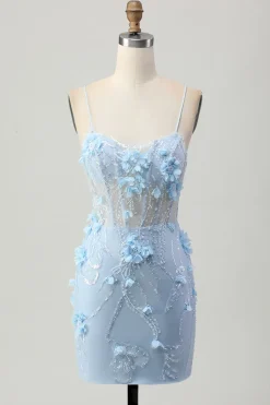 Blue Bodycon Corset Sequins Vestido Curto Homecoming com Flores 3D