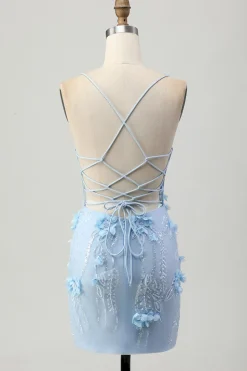 Blue Bodycon Corset Sequins Vestido Curto Homecoming com Flores 3D