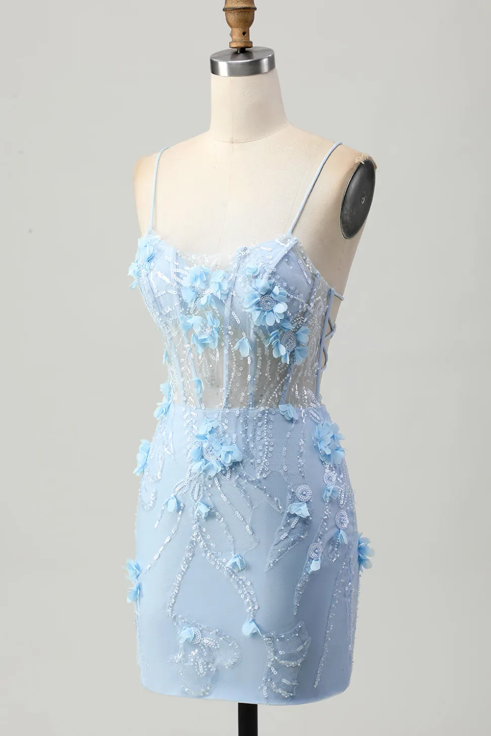 Blue Bodycon Corset Sequins Vestido Curto Homecoming com Flores 3D