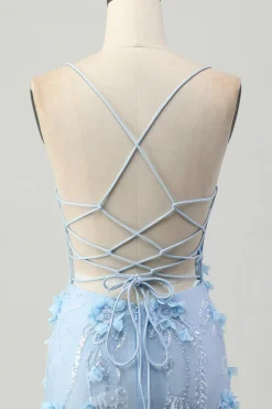 Blue Bodycon Corset Sequins Vestido Curto Homecoming com Flores 3D