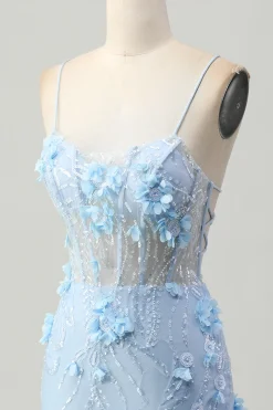 Blue Bodycon Corset Sequins Vestido Curto Homecoming com Flores 3D
