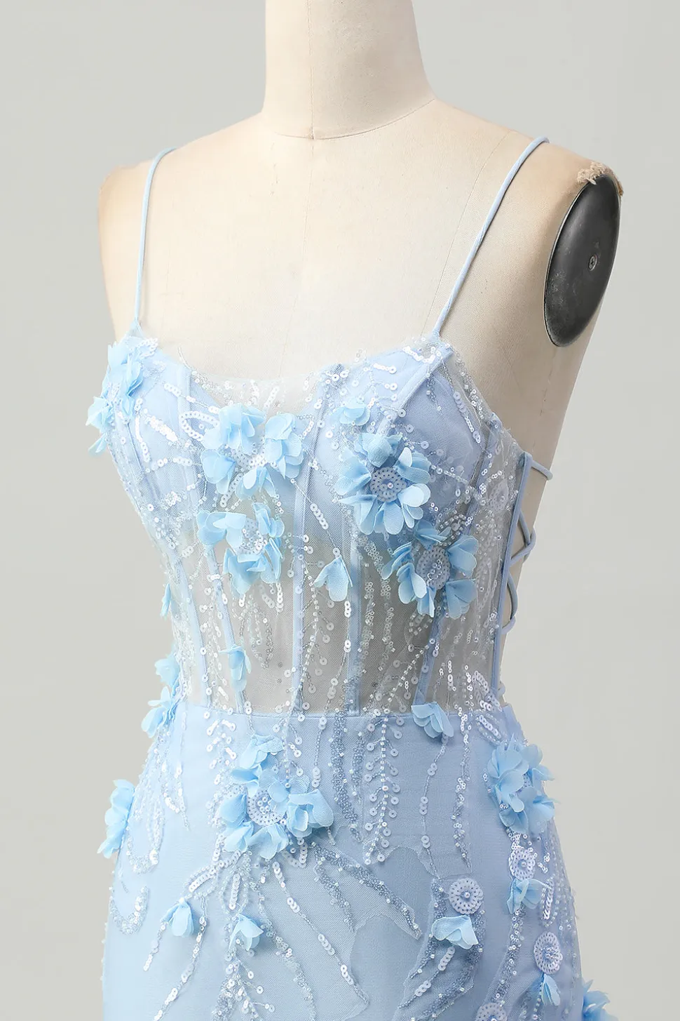 Blue Bodycon Corset Sequins Vestido Curto Homecoming com Flores 3D