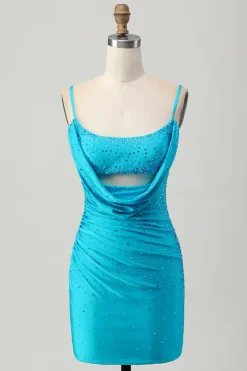 Blue Bodycon Cut out Vestido Curto Homecoming com Missangas