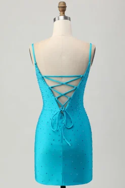 Blue Bodycon Cut out Vestido Curto Homecoming com Missangas