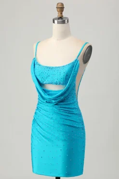Blue Bodycon Cut out Vestido Curto Homecoming com Missangas