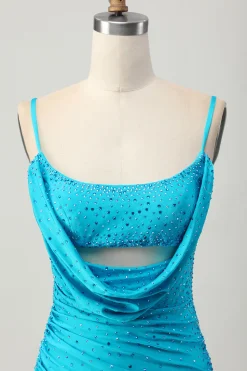 Blue Bodycon Cut out Vestido Curto Homecoming com Missangas