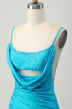 Blue Bodycon Cut out Vestido Curto Homecoming com Missangas