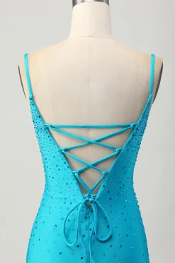 Blue Bodycon Cut out Vestido Curto Homecoming com Missangas