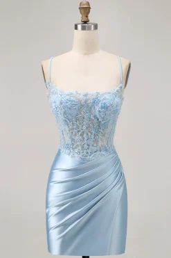 Blue Bodycon Sequins Corset frisado Homecoming Dress com apliques
