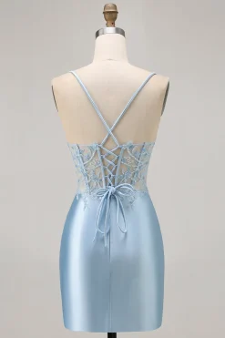 Blue Bodycon Sequins Corset frisado Homecoming Dress com apliques