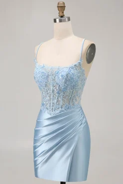 Blue Bodycon Sequins Corset frisado Homecoming Dress com apliques
