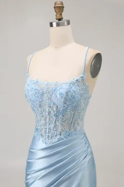 Blue Bodycon Sequins Corset frisado Homecoming Dress com apliques