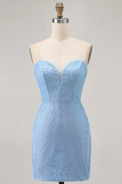 Blue Bodycon Strapless frisado vestido curto Homecoming