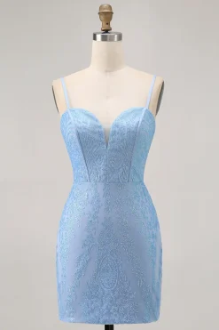 Blue Bodycon Strapless frisado vestido curto Homecoming