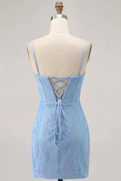Blue Bodycon Strapless frisado vestido curto Homecoming