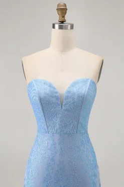 Blue Bodycon Strapless frisado vestido curto Homecoming