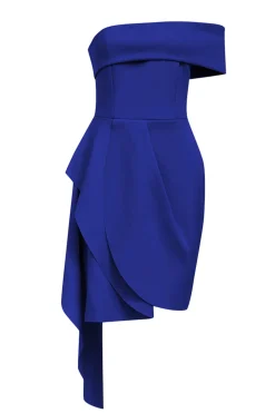Blue Bodycon Strapless sólido assimétrico cocktail vestido de festa