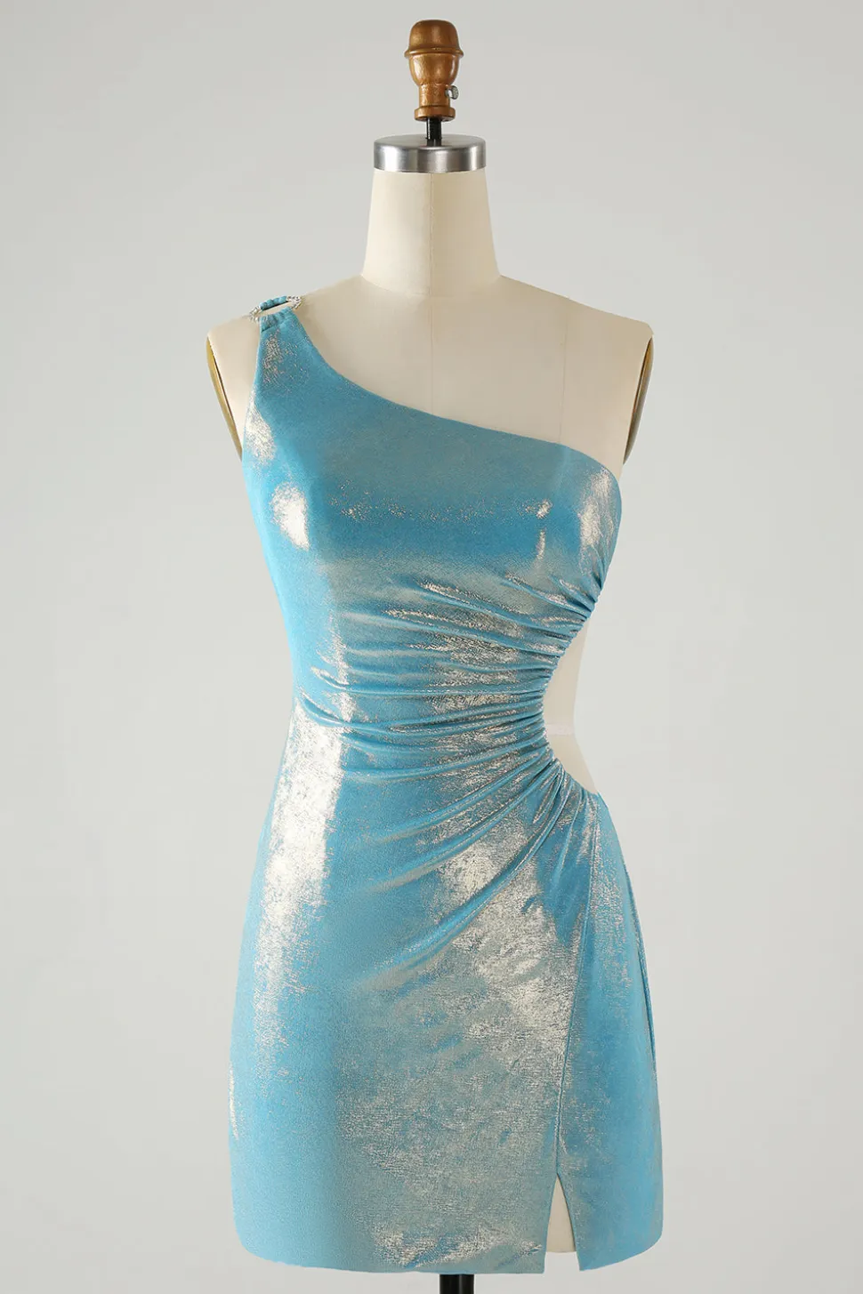 Blue Bodycon Um Ombro Cetim Vestido Curto Homecoming com Fenda