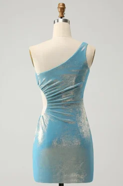 Blue Bodycon Um Ombro Cetim Vestido Curto Homecoming com Fenda