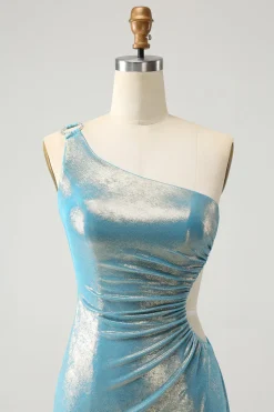 Blue Bodycon Um Ombro Cetim Vestido Curto Homecoming com Fenda