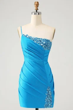 Blue Bodycon Um Ombro Ruched Cetim Homecoming Dress com Sequins