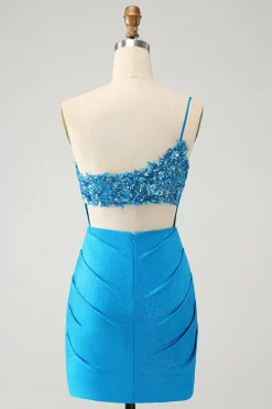 Blue Bodycon Um Ombro Ruched Cetim Homecoming Dress com Sequins