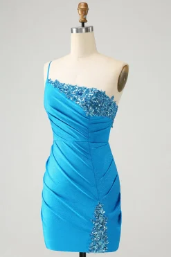 Blue Bodycon Um Ombro Ruched Cetim Homecoming Dress com Sequins