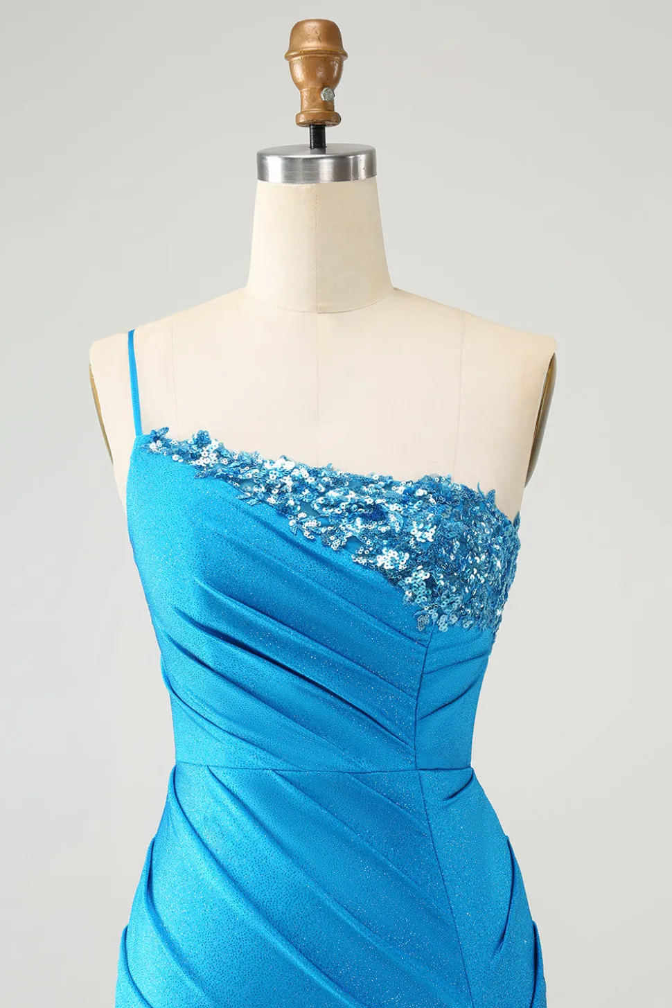 Blue Bodycon Um Ombro Ruched Cetim Homecoming Dress com Sequins