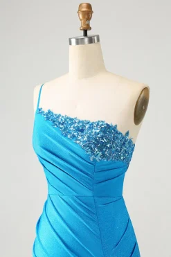 Blue Bodycon Um Ombro Ruched Cetim Homecoming Dress com Sequins