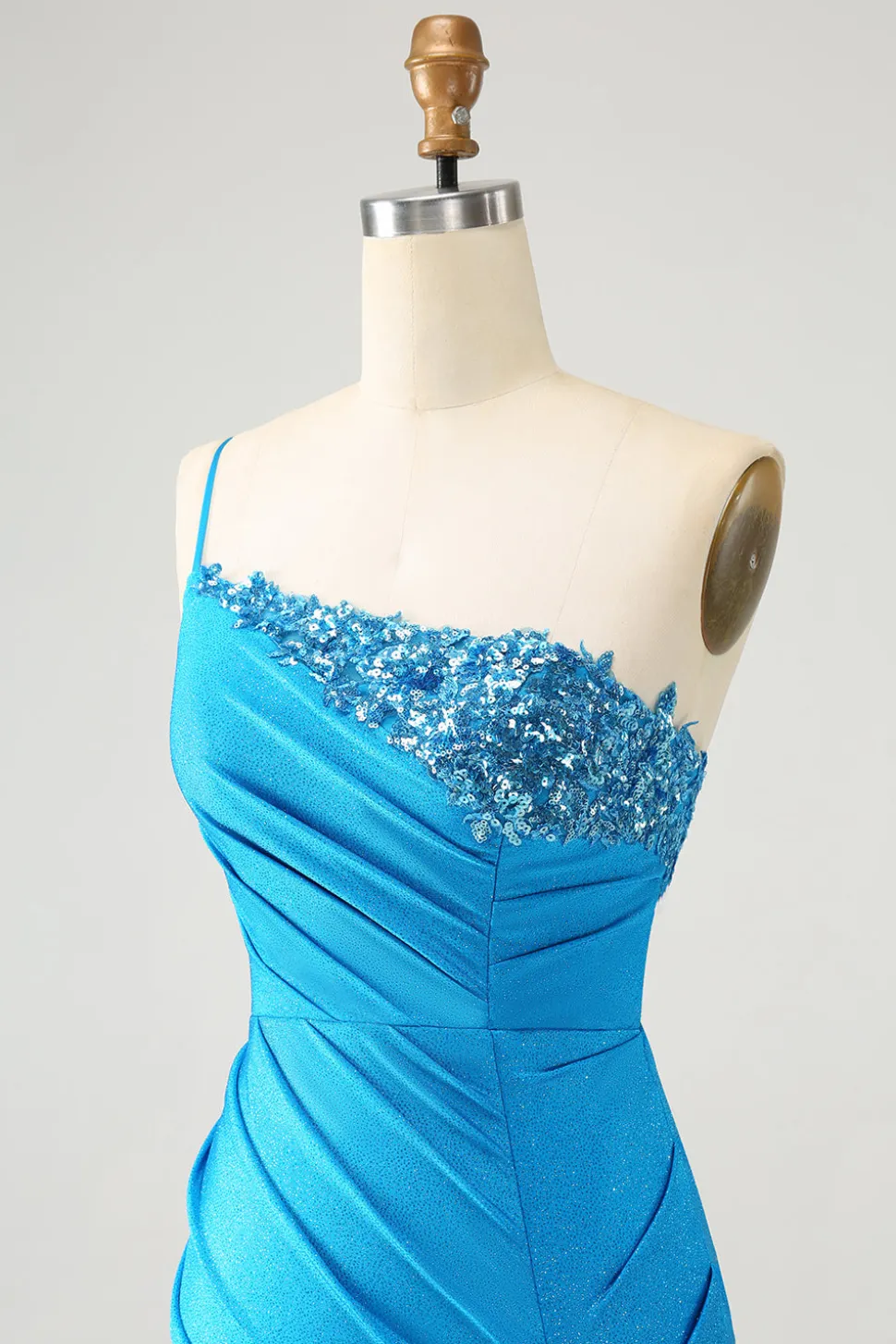 Blue Bodycon Um Ombro Ruched Cetim Homecoming Dress com Sequins